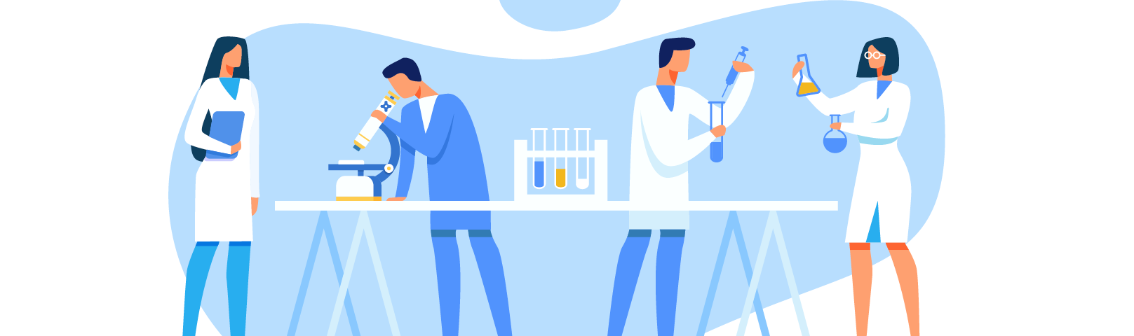 Illustrations of scientists in white coats checking beakers full of fluid