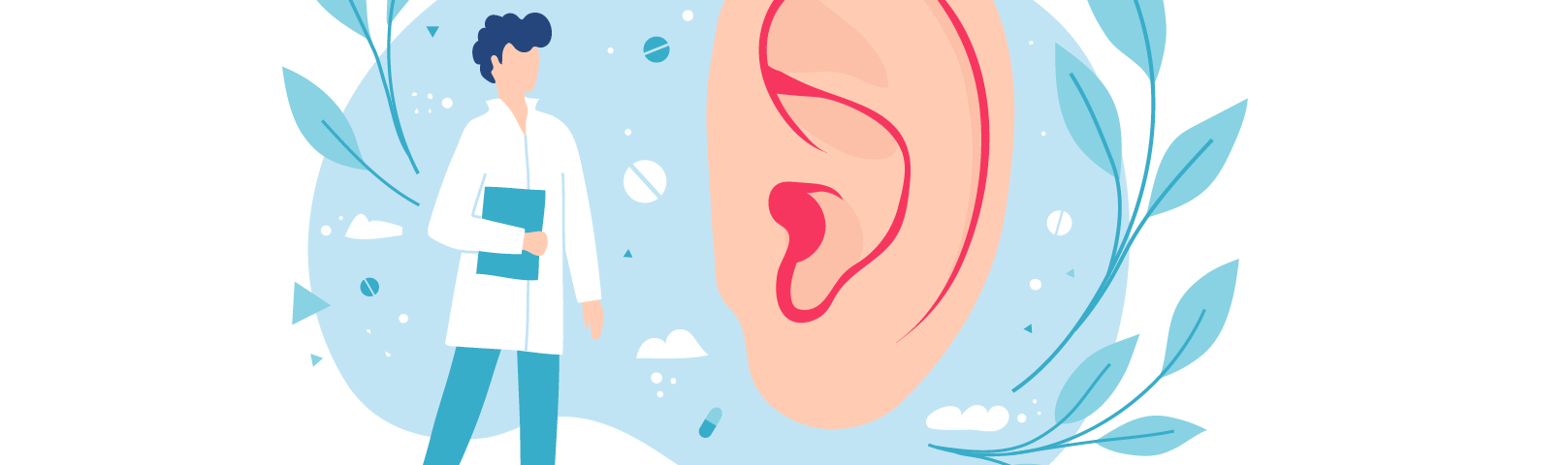 Illustration of an audiologist looking at a large ear.